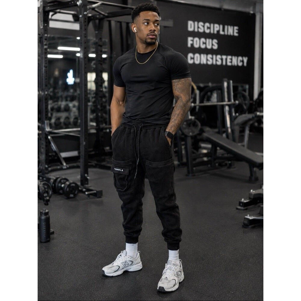 Black YoungLA Waffle-knit Thermal Style Cargo Joggers Men's Size Small